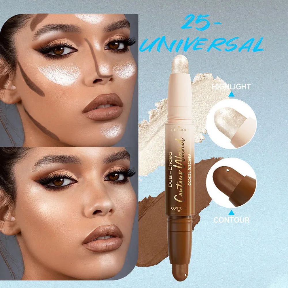 2-in-1 Double Head Highlighter & Contour Stick – Glitter Brightening Concealer Pen for Long Lasting Three-Dimensional Face Makeup