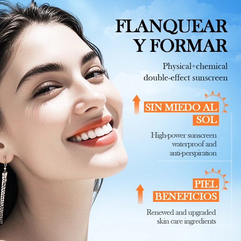 Advertisement for a sunscreen product with a woman's face and text about physical and chemical double-effect sunscreen.