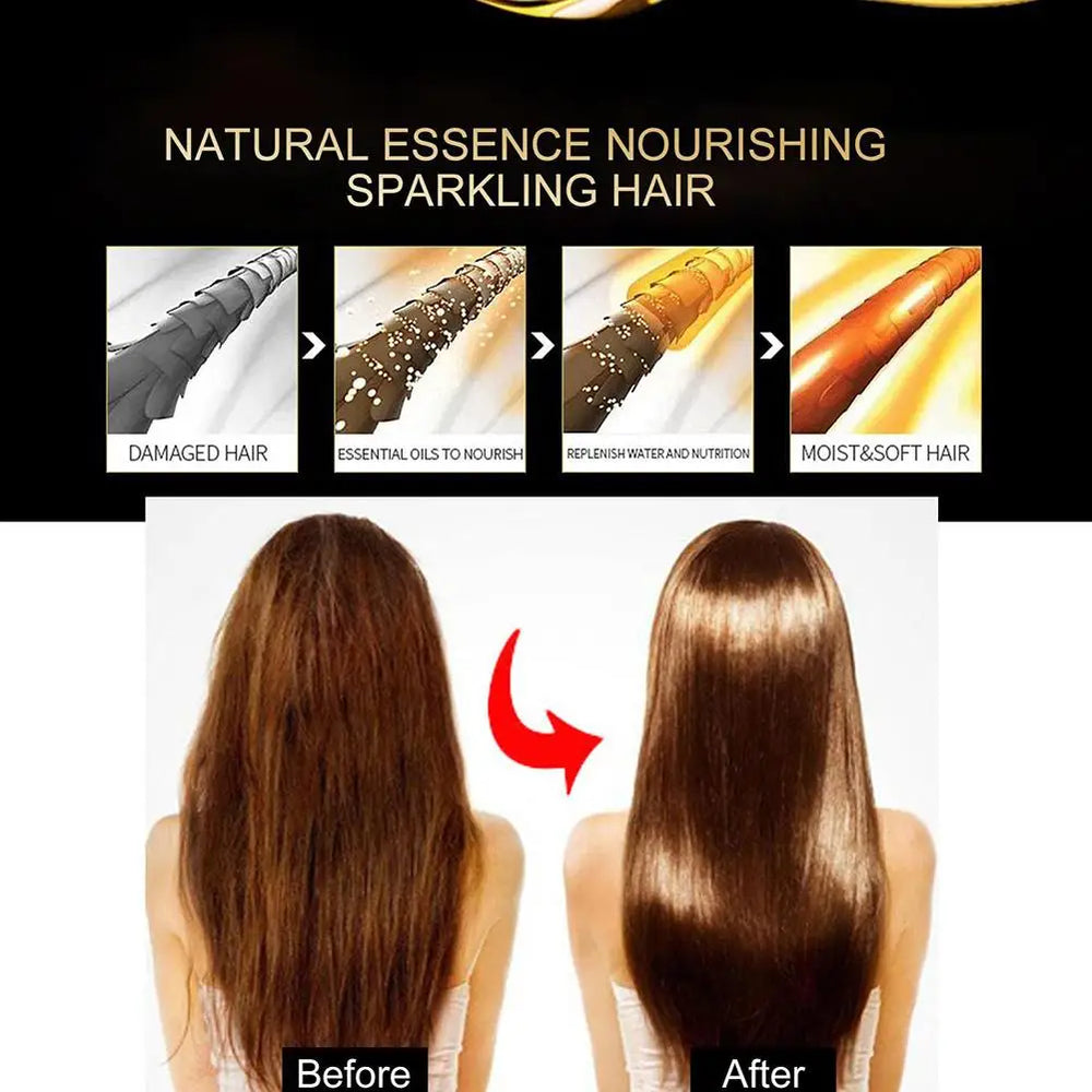 Before and after showing the effect of natural essence on hair, with text indicating the process.