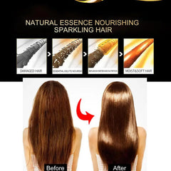 Before and after showing the effect of natural essence on hair, with text indicating the process.