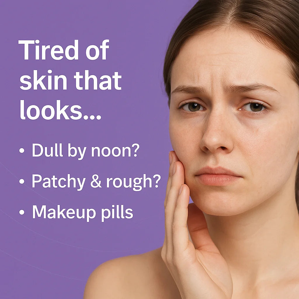 Woman with concerned expression on a purple background with text about skin issues.