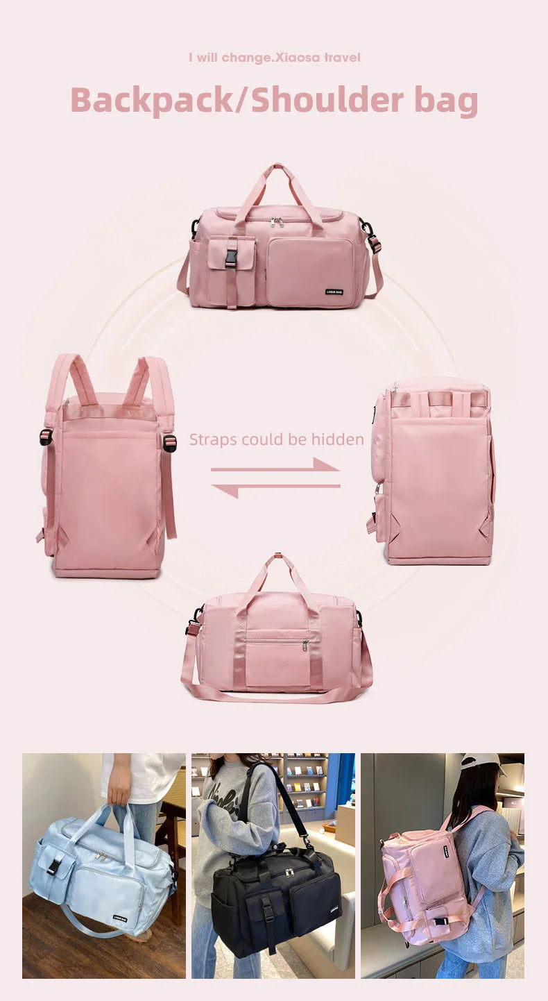 Pink backpack and shoulder bag with transformation arrows, shown in various settings.
