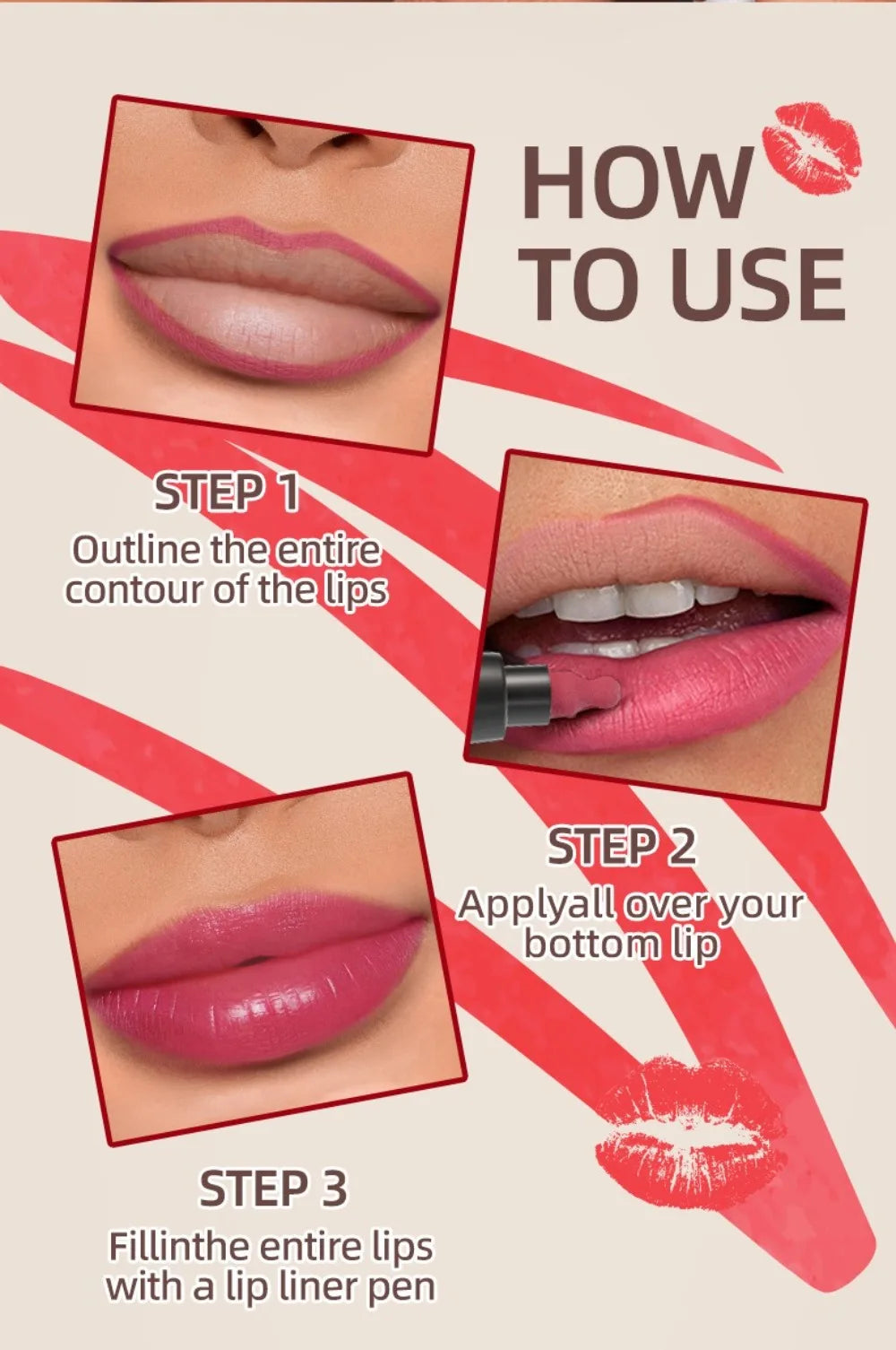 Lipstick application guide with steps on a pink background