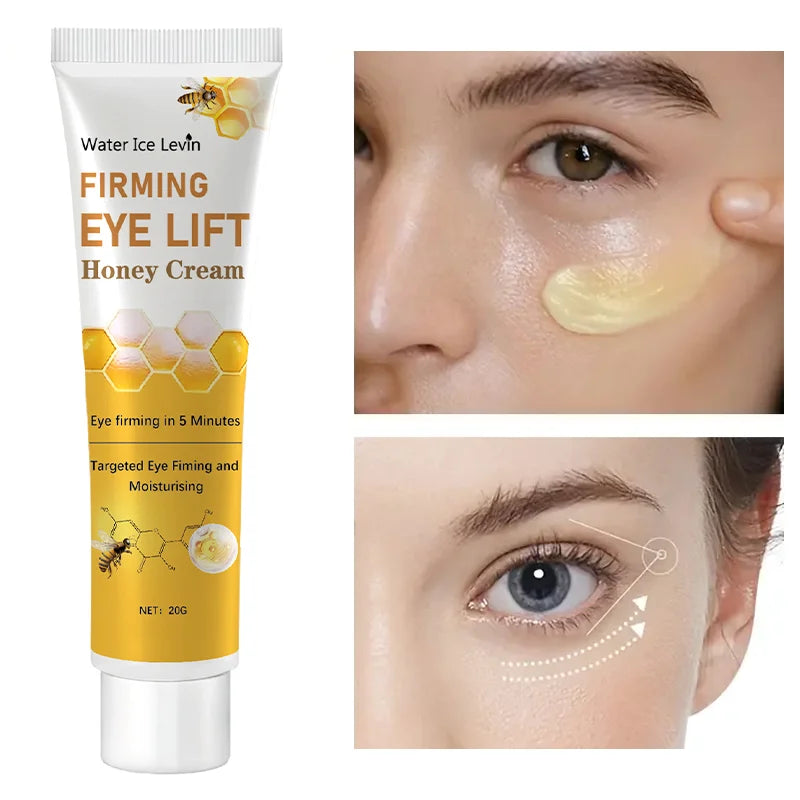 Firming eye lift honey cream with packaging and application on eyes