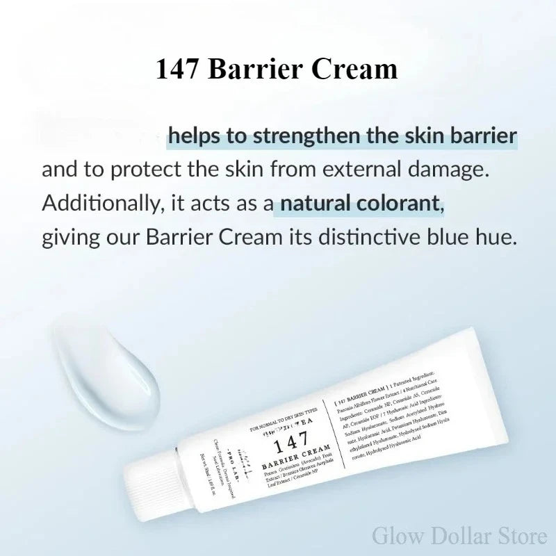 147 Barrier Cream tube with text on a light blue background