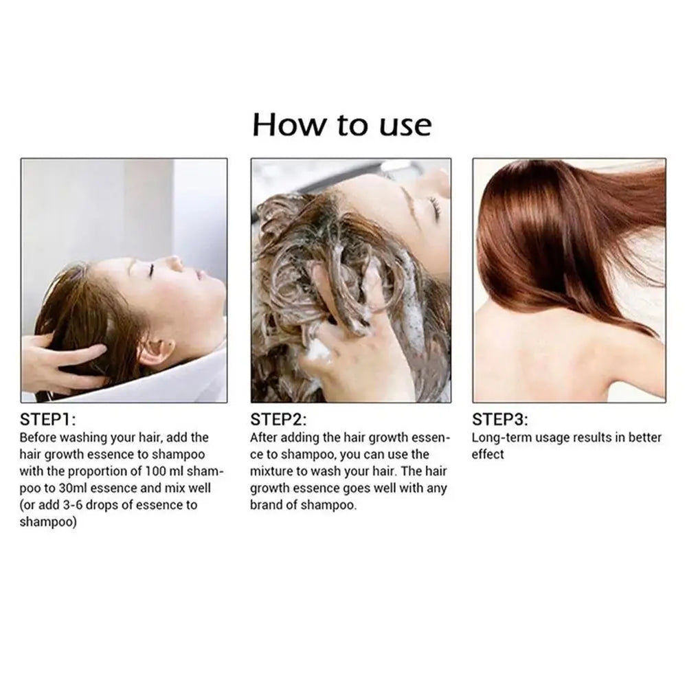 Instructions on how to use hair growth essence with shampoo, showing a woman applying the product to her hair.