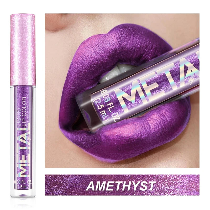Purple liquid lip color with 'META' branding applied to lips, showing 'AMETHYST' shade.