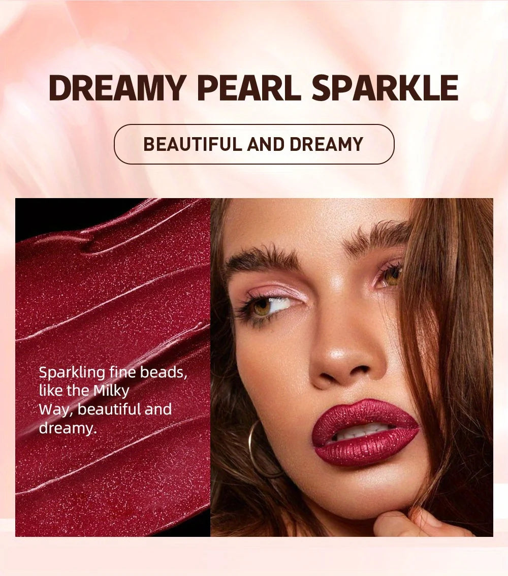 Lipstick with 'Dreamy Pearl Sparkle' text and a close-up of a woman wearing it.