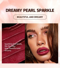 Lipstick with 'Dreamy Pearl Sparkle' text and a close-up of a woman wearing it.