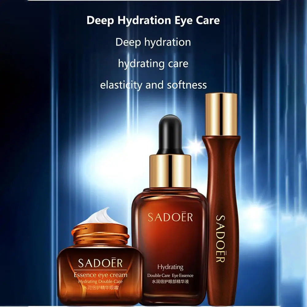 SADOER eye care products with text on deep hydration and elasticity on a blue background
