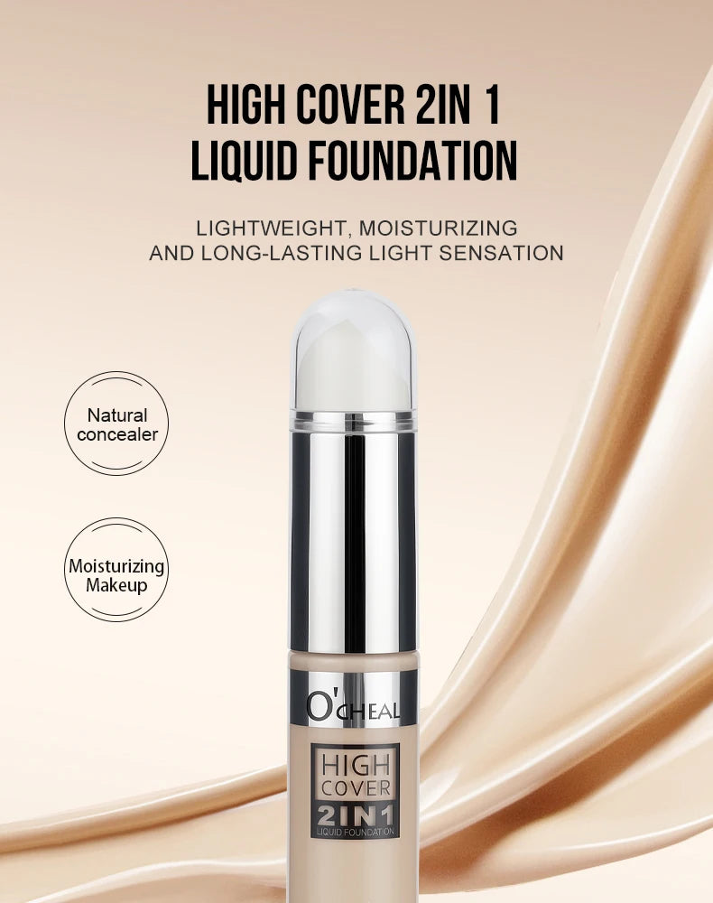 O'Leary High Cover 2in1 liquid foundation bottle on a beige background
