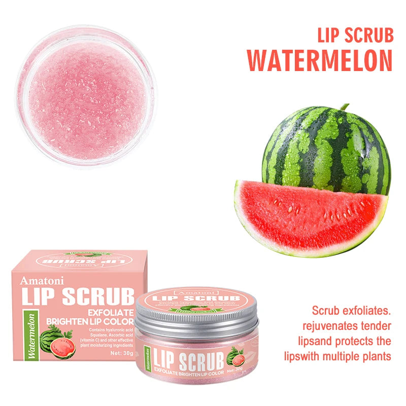 Lip scrub packaging with watermelon slices and a watermelon on a white background