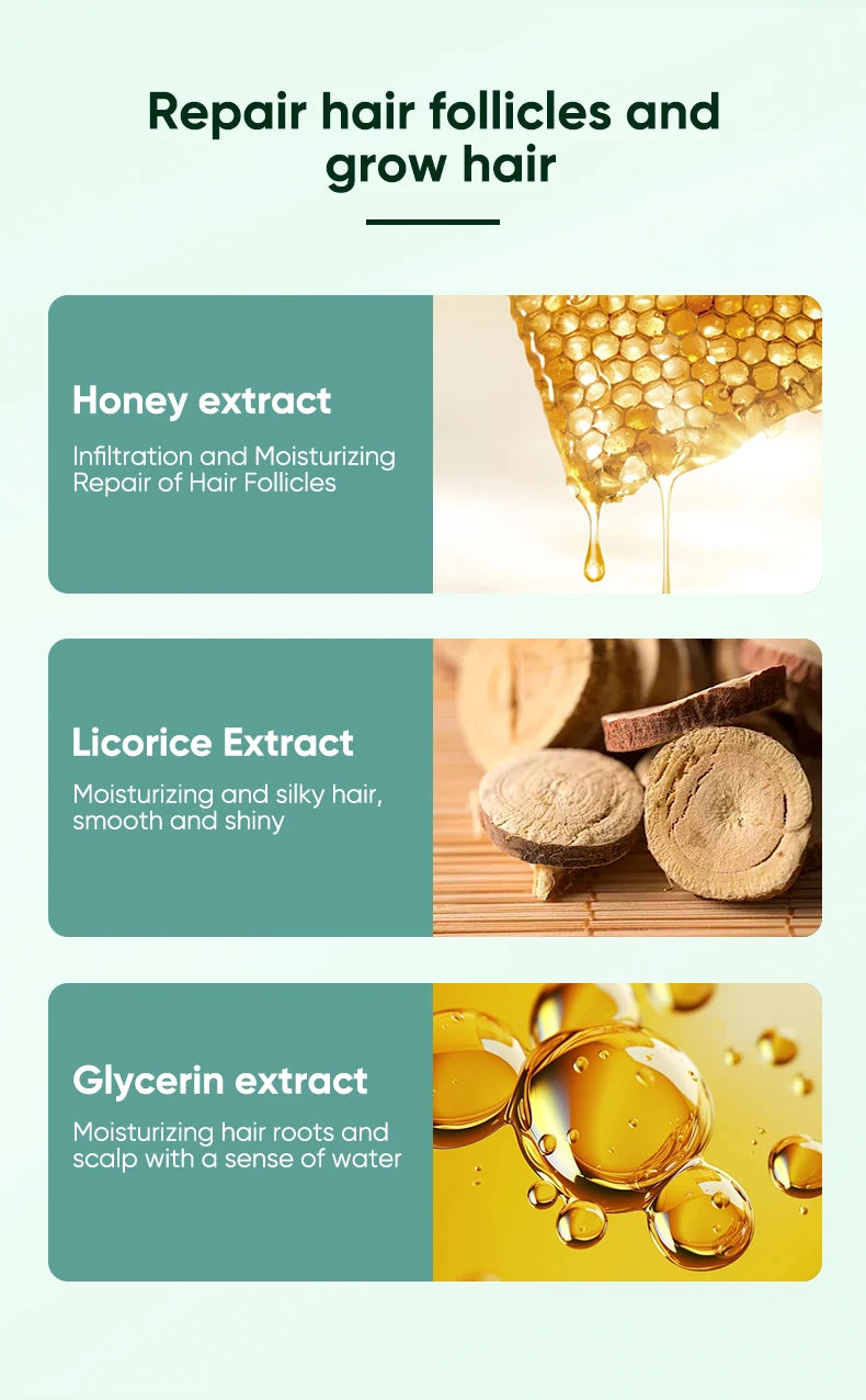 Promotional graphic for hair care products with honey, licorice, and glycerin extracts.