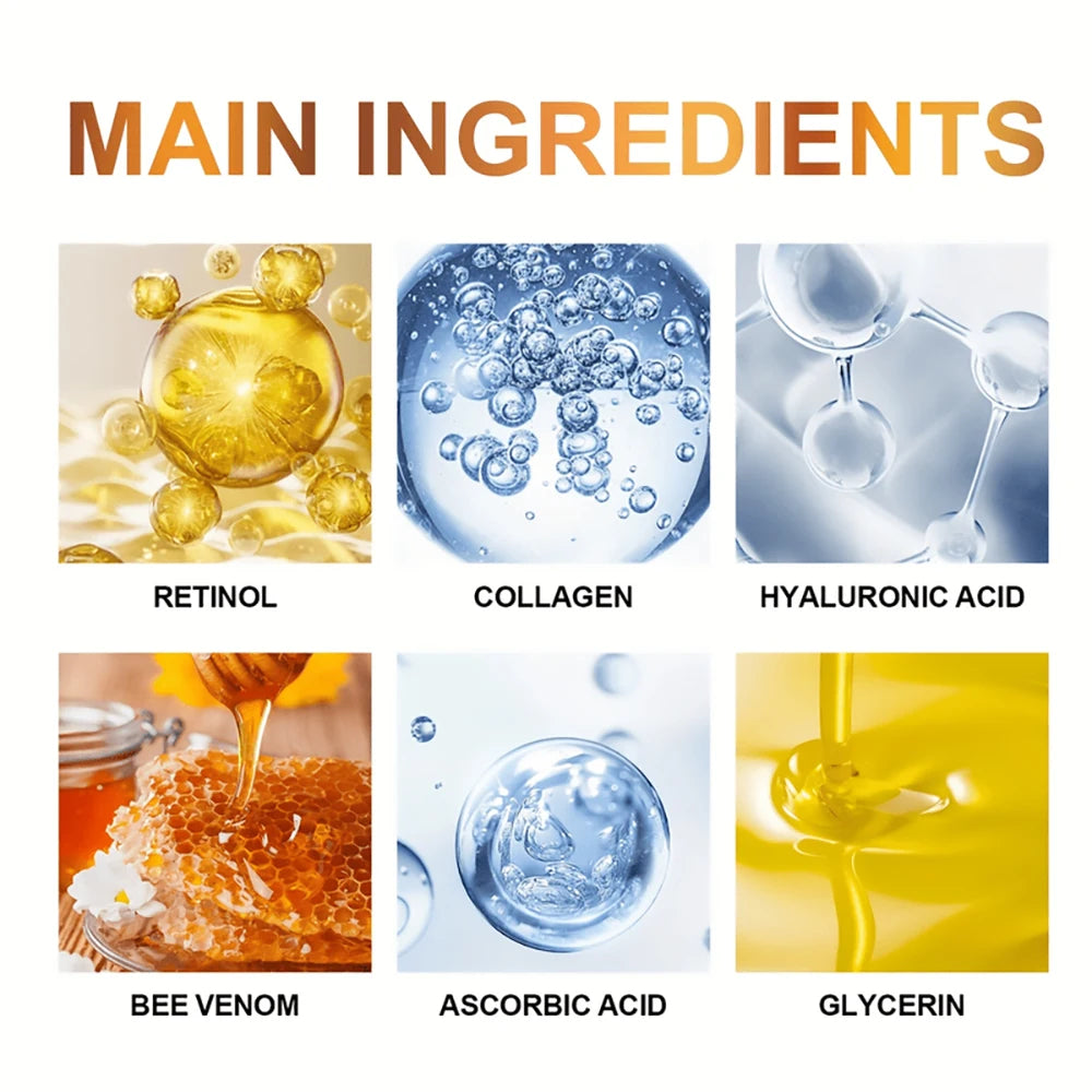Main ingredients of skincare products displayed with corresponding labels.