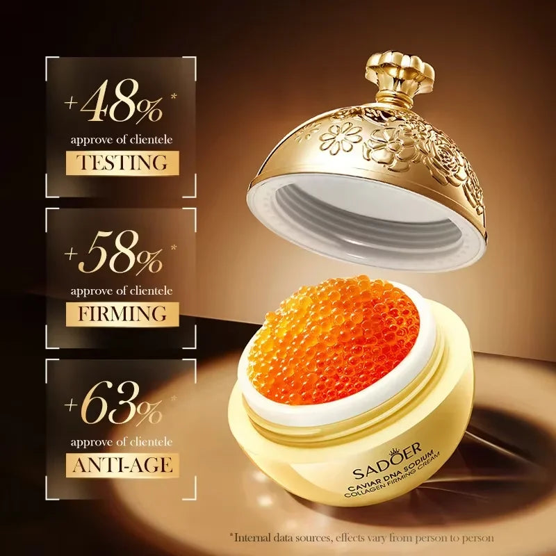 Cosmetic cream with caviar and SADOER branding on a dark background
