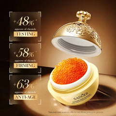 Cosmetic cream with caviar and SADOER branding on a dark background