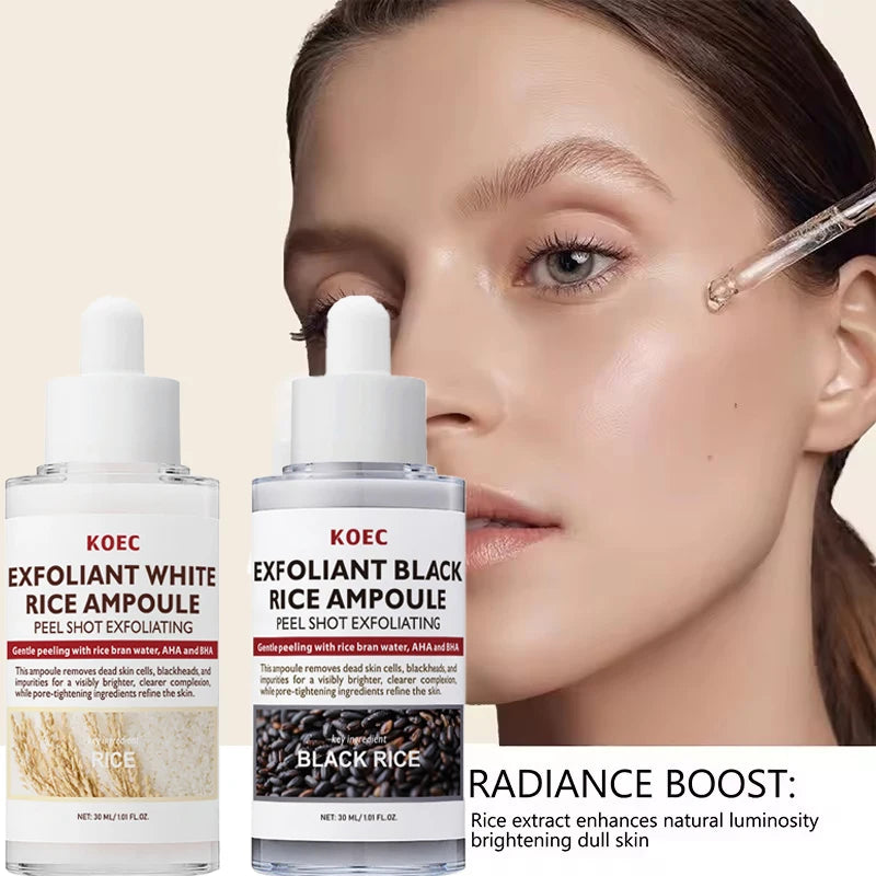 Two KOEC Exfoliant Rice Ampoules with a close-up of a woman applying one to her face.