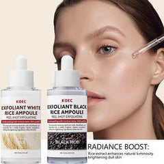 Two KOEC Exfoliant Rice Ampoules with a close-up of a woman applying one to her face.