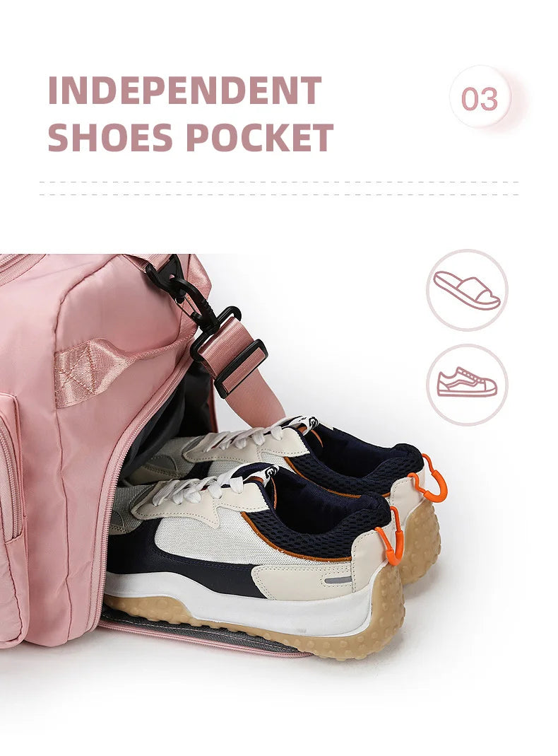 Pink backpack with a shoe pocket containing three sneakers on a white background.