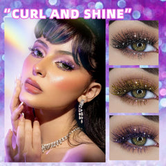 Makeup advertisement with a woman's face and close-up of eyes with glittery makeup on a purple background.