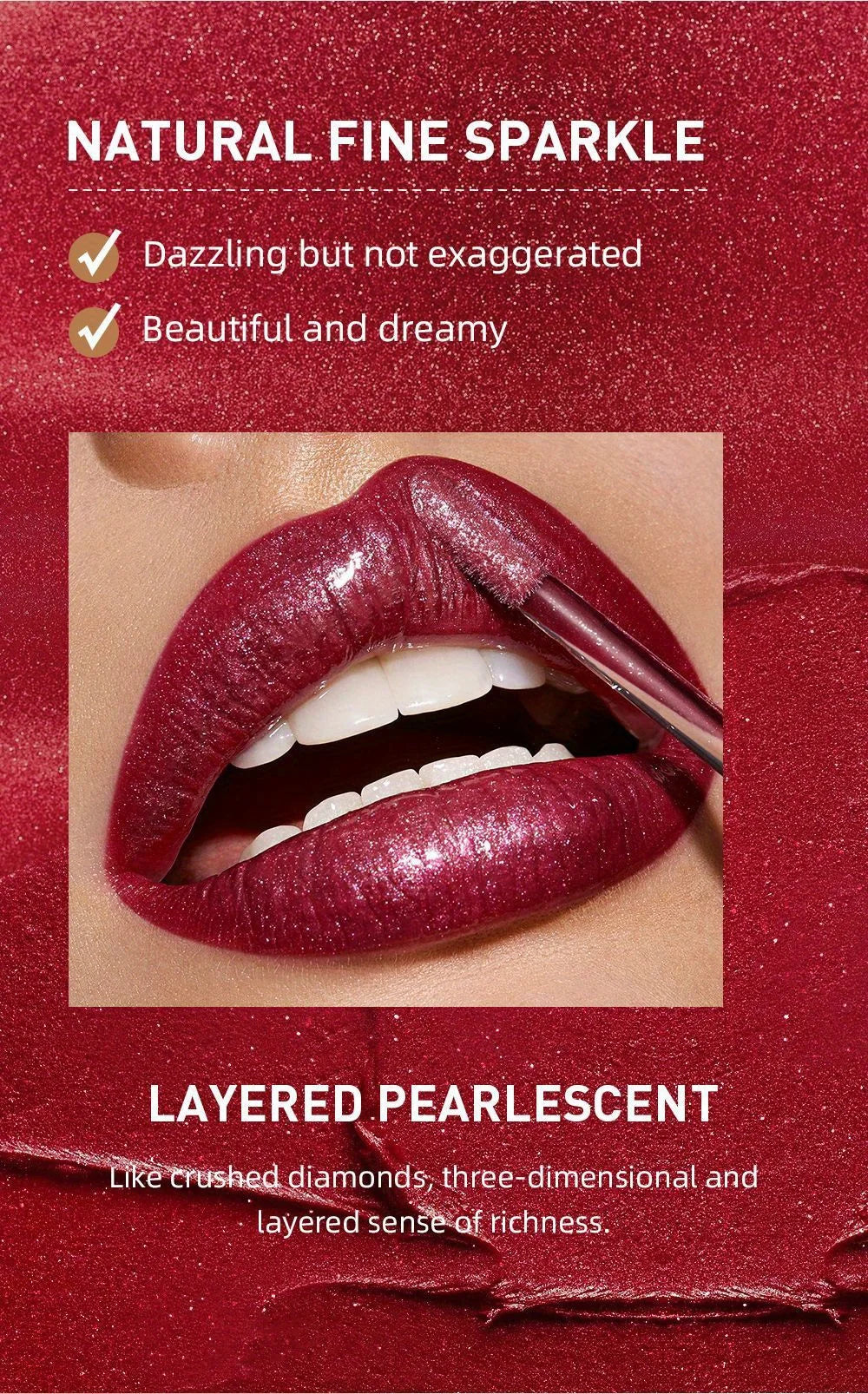 Lipstick with a close-up of lips wearing it, on a red background with text describing the product's qualities.