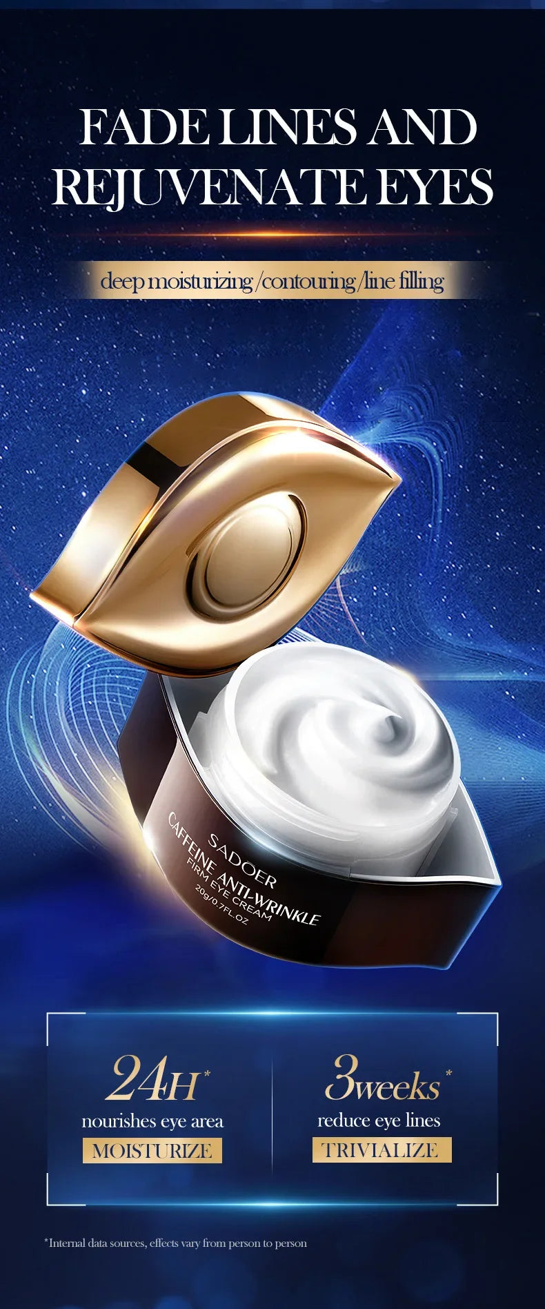 Cosmetic product for eye care with text on a blue background