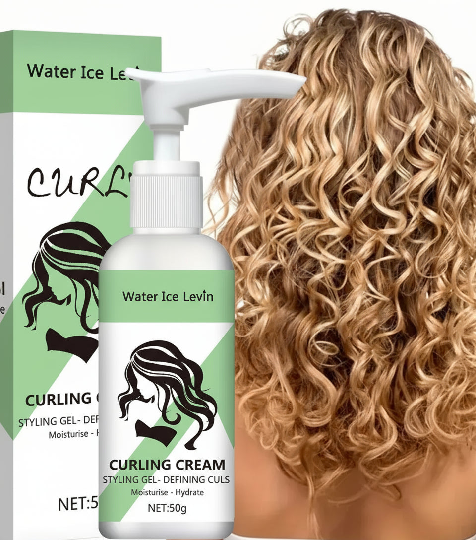 Curling cream bottle with packaging and a person with curly hair on a white background